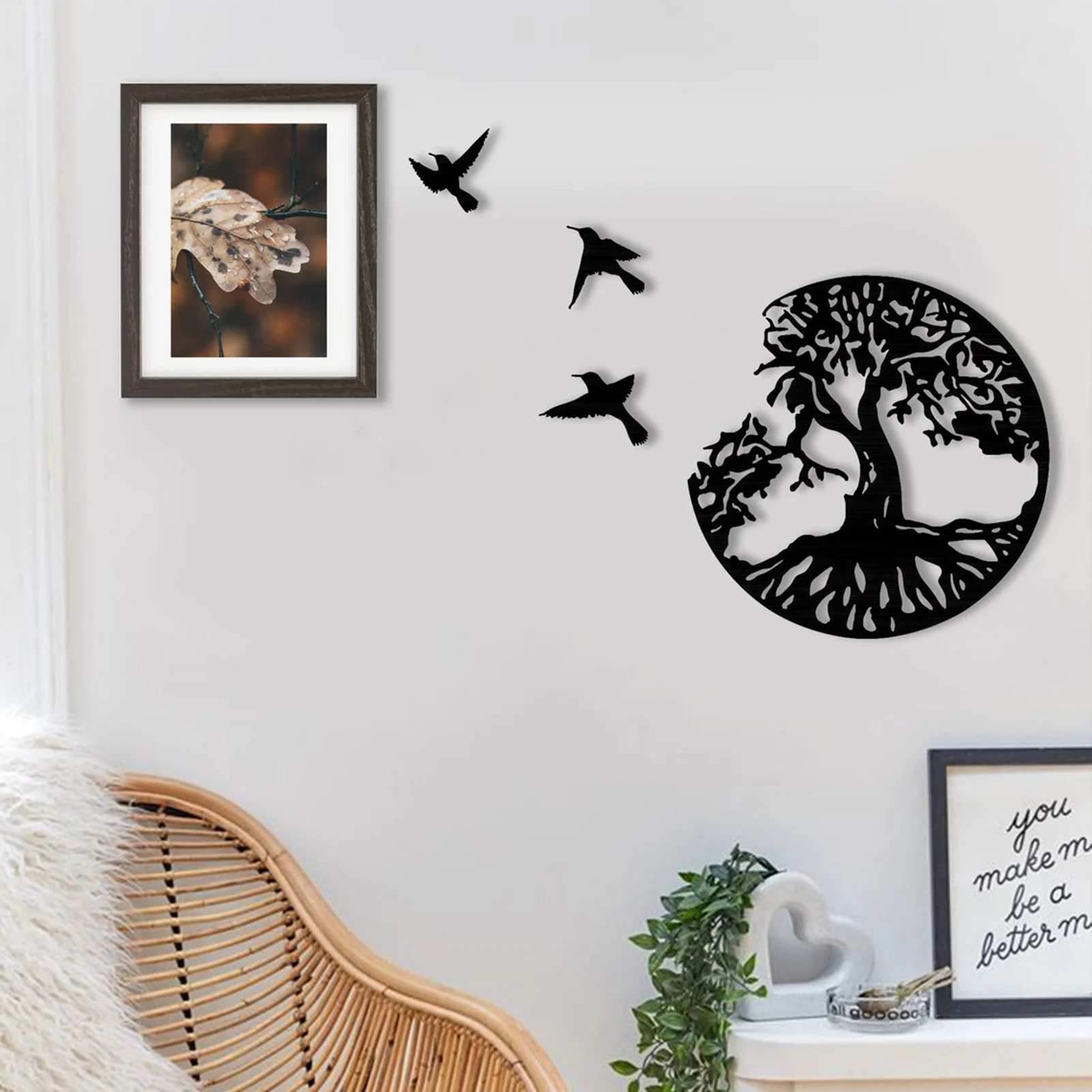 Boom Van Het Leven En Vogels Houten Muur Decor Schilderen Natuur Decoratie Art Design Luxe Moderne Creatieve Stijlvolle Kwaliteit Gift Zwart