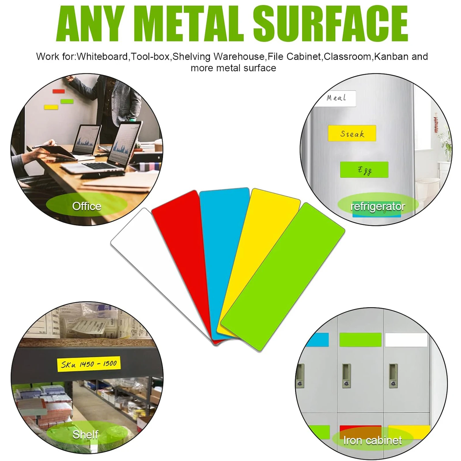 50 Pieces 1.2"x3.2" Colorful Magnetic Labels, Waterproof Strips for Fridge Home Office Garage Refrigerator Blank Writable Cards