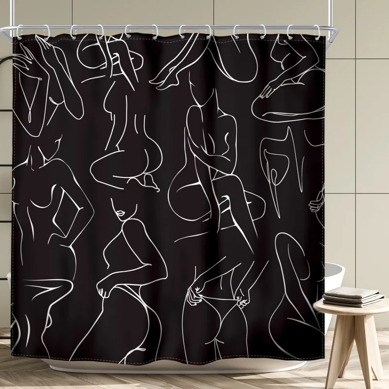 12 Pack Hooks 71Wx71H Inch Polyester Waterproof Fabric 1PC Black White Shower Curtain, Abstract Modern Women Minimalist Line Art