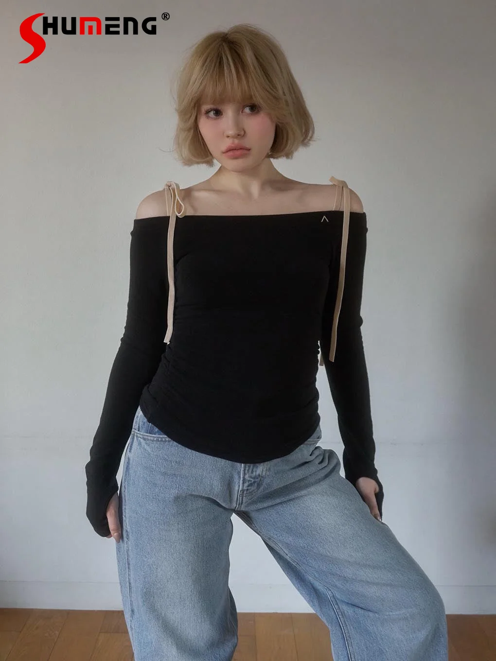 

Модные милые топы с открытыми плечами и длинными рукавами в японском стиле, футболка на весну и осень для девочек и женщин, тонкий повседневный универсальный пуловер