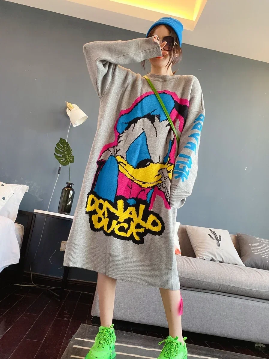 Korean Long-Sleeved Pullover Sweater Loose Fashion Women Autumn Winter Cartoon Embroidered Thickened Long Section Knitted Top