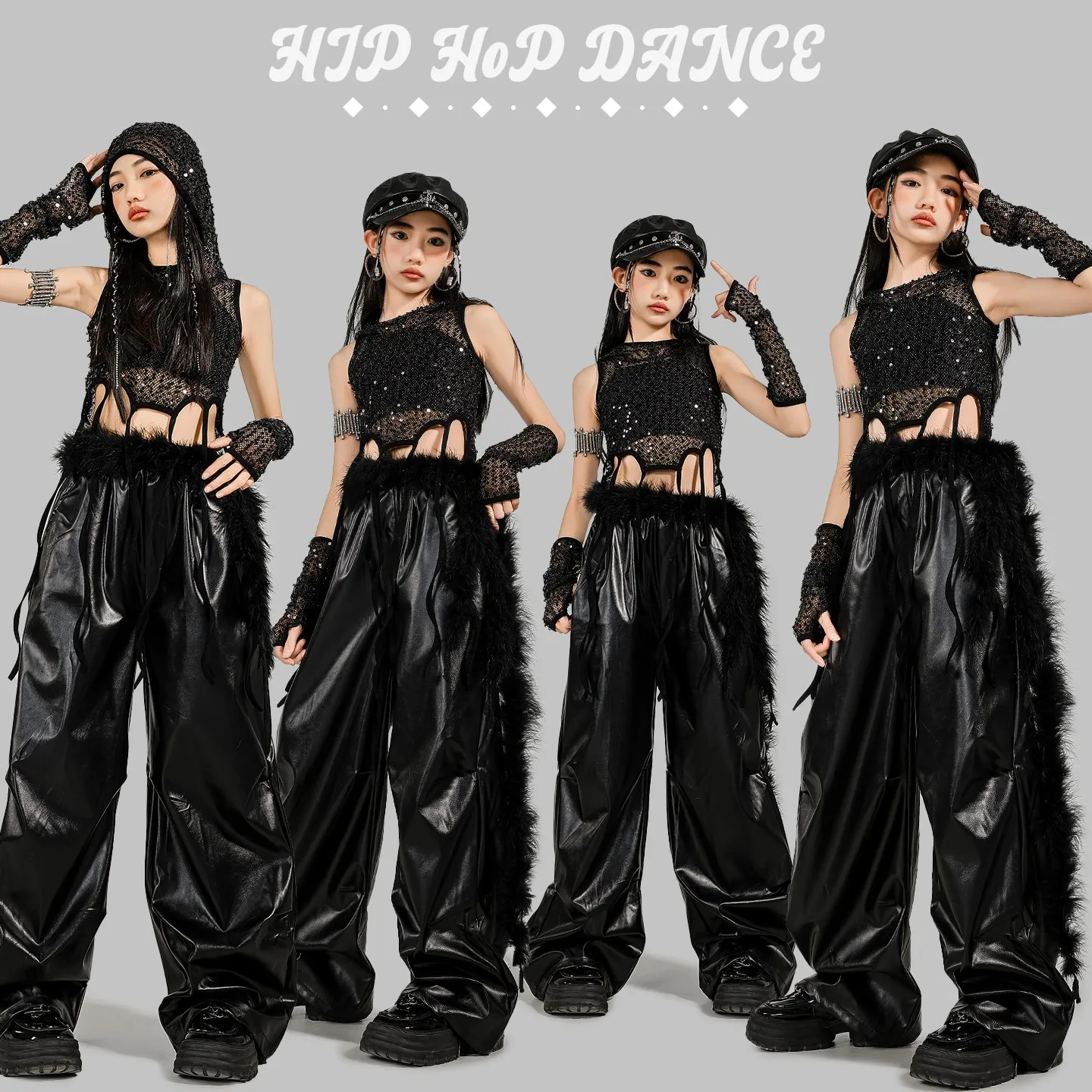 

Kpop Girls Jazz Dance Costume Sequin Net Navel Tops Leather Pants Black Hip Hop Performance Suit Concert Stage Clothing BL16613