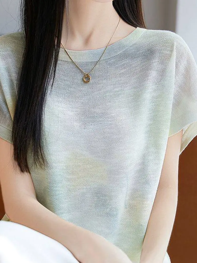 

Ice Silk Printed Small Flying Sleeve T-Shirt Women's Summer Thin Design Breathable Short Sleeve Top New Arrival Casual Style