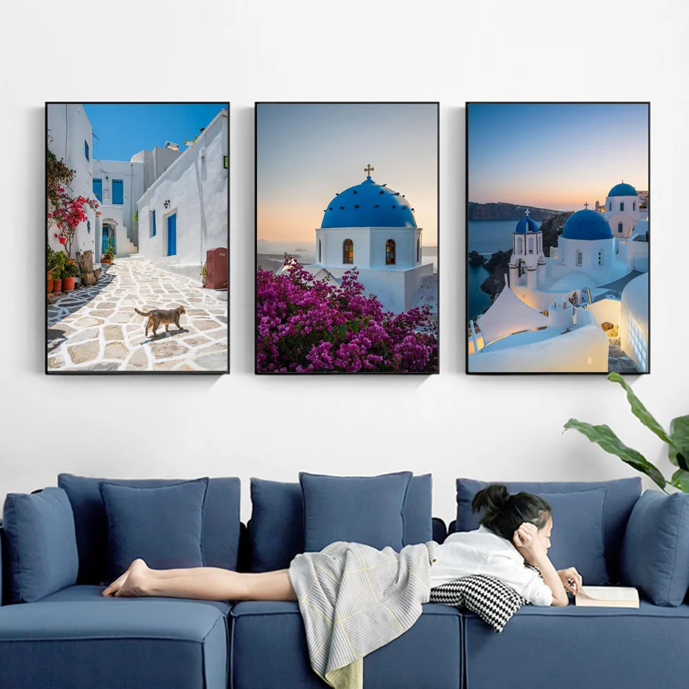 

Greek Islands Wall Art Decor Santorini And Paros Canvas Prints White Town Violet Coastal Landscape Building Painting Posters