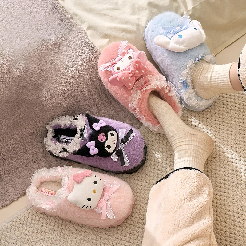 Sanrio Hello Kitty Cute Kuromi Cotton Slippers Cartoon Cinnamoroll Winter Indoor Home Slippers Thick Sole Keep Warm Shoes Gift