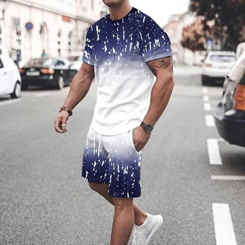 Summer Splash-ink New Men's Shorts Suit Short Sleeve Fashion Mens T Shirts Suit Comfortable Beach Sports Jogging Cotton Set