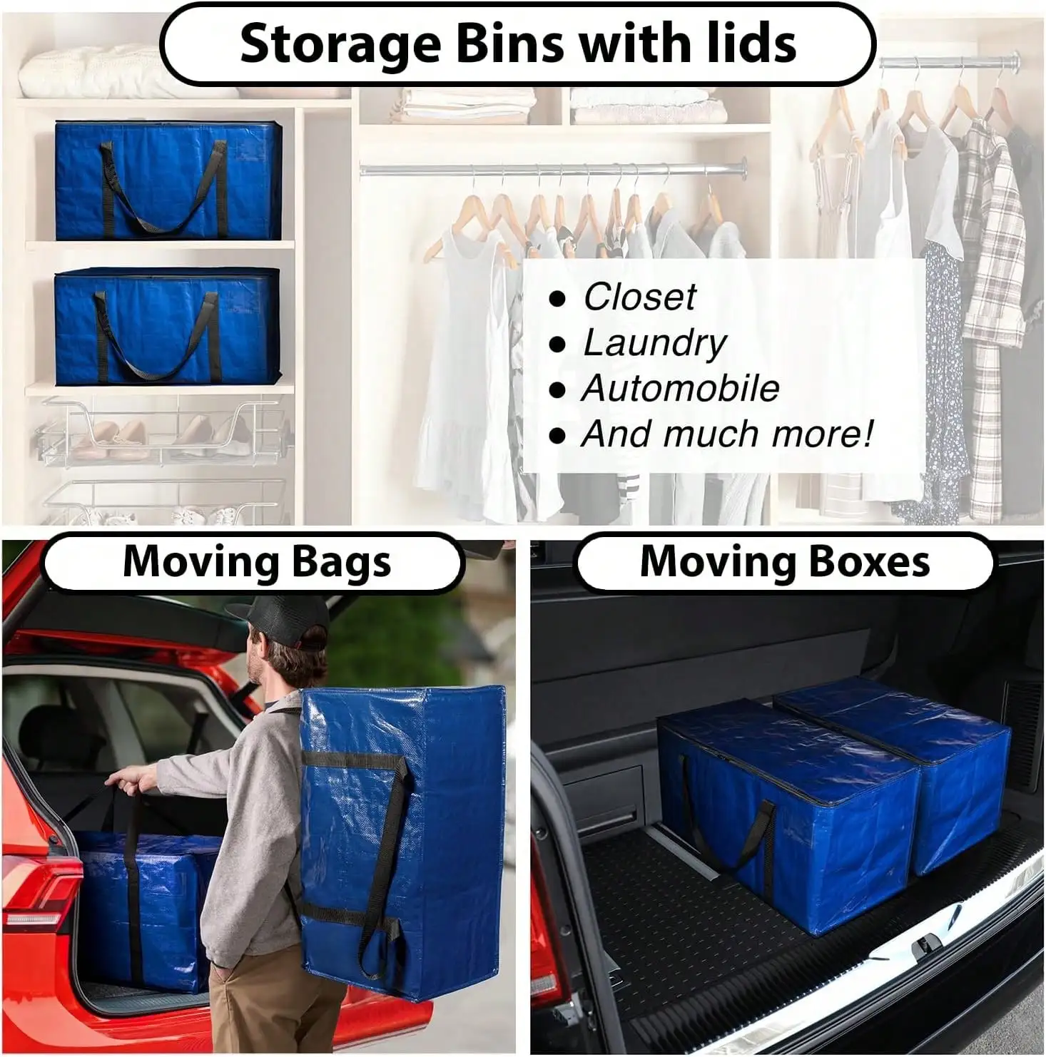 6 Pack Heavy Duty Moving Bags, Extra Large Storage Totes with Zipper and Reinforced Handles, Foldable Packing Bags for Moving Travel Storage, Blue, College Dorm Essentials
