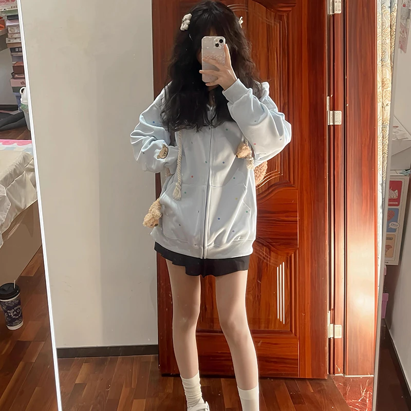Cute bear embroidered polka-dot hooded cardigan sweater women loose light blue lazy zipper coat in autumn and winter. hoodies