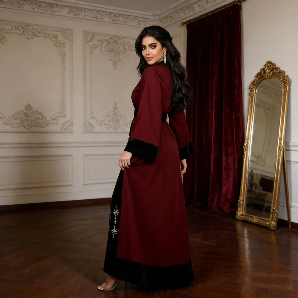 

Eid Mubarak Velvet Abaya with Diamond Modest Muslim Women Maxi Dress Dubai Jalabiya Turkey Kaftan Caftan Islamic Clothing Gown