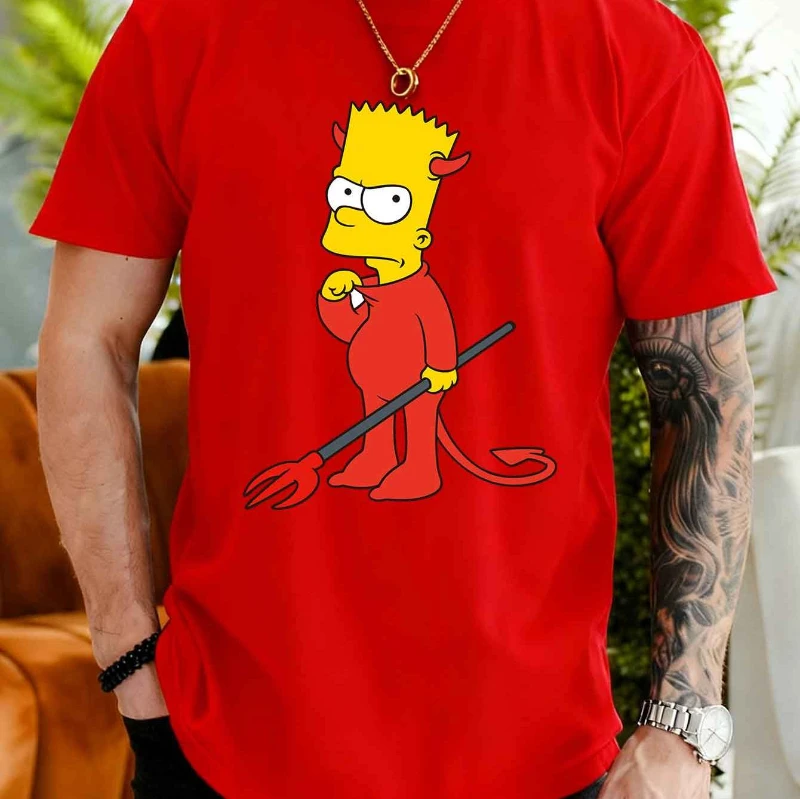 تي شيرت رجالي كاجوال بأكمام قصيرة، تي شيرت رجالي معتمد من هوليوود سمبسنز فاميلي بارت ديفيل