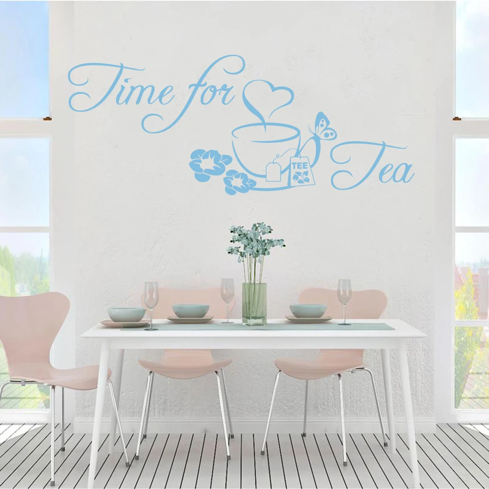 Large Time for Tea Butterfly Wall Sticker Kitchen Coffee Cafe Relax Time Wall Decal Office Dining Room  Home Decor