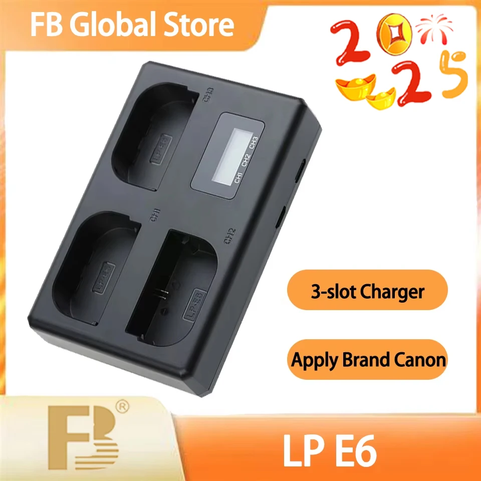 FB LP-E6 3-slot LCD Display 3A Fast Charge Camera Battery Charger for Canon 70D 80D 90D 6D 7D 8D 5DS 5D3 Micro R5 R6 DSLR