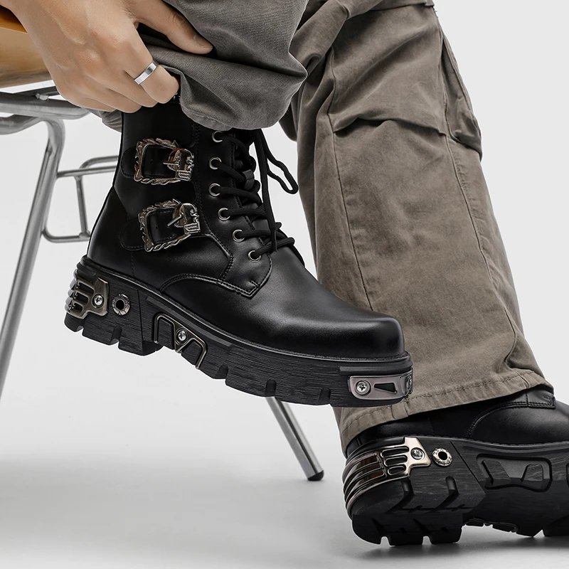 Spring and Autumn Dark Metal Double Buckle Black Height-Increasing Boots Men's Punk Rock Thick-Soled Fashion Motorcycle Boots