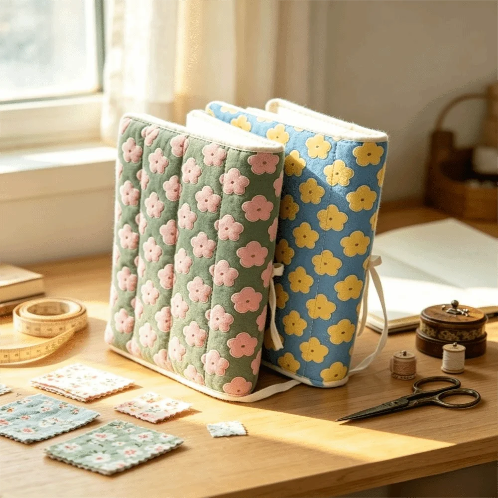 Floral Design Fabric Book Cover Lightweight Reusable Fabric Book Sleeve Striped Quilted Fabric Notebook Protector Reading Gifts