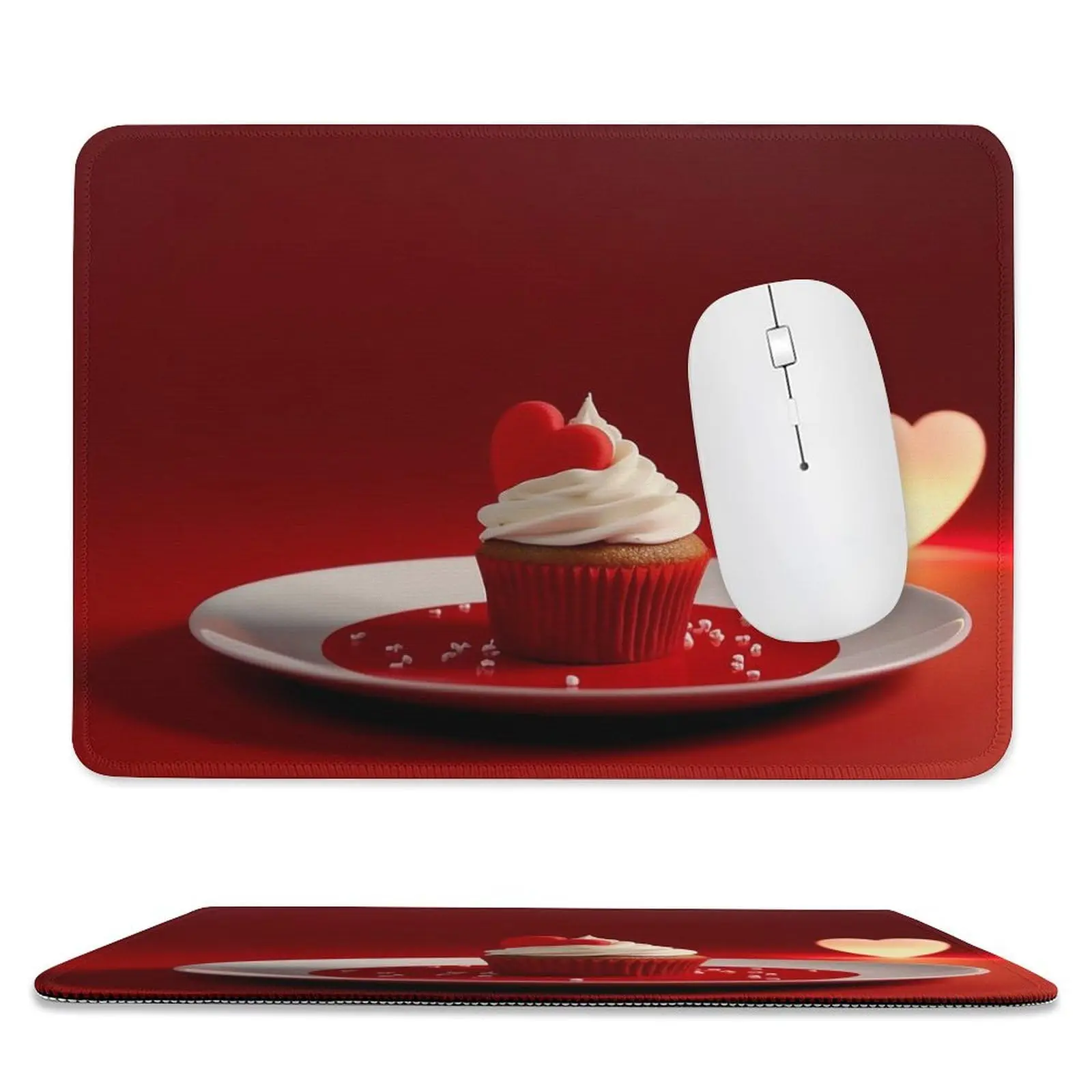 Happy Valentines Day Cupcakes With Red Hearts Lock Edge Gaming Mousepad Mouse Mat Keyboard Mats Desk Pad 22x18cm