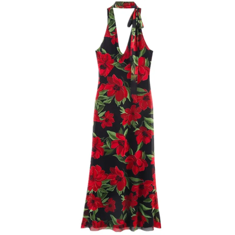 Vestido deco con bufanda fina de malla de seda con estampado romántico, vestido e sin mangas con escote a la moda ...