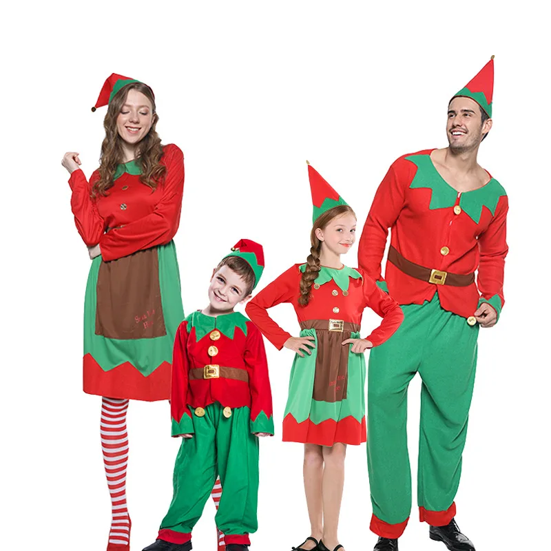 Christmas Family Cosplay Green Elf Santa Claus Costume Carnival Party New Year Fancy Dress Clothes Set for Men Women Girls Boys