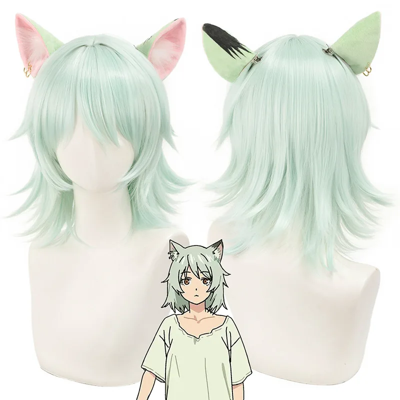 Anime Yani Neko Cosplay Wig Light Green Short Straight Synthetic Hair Wig Heat-Resistant Chainsmoker Cat Wig Including ears