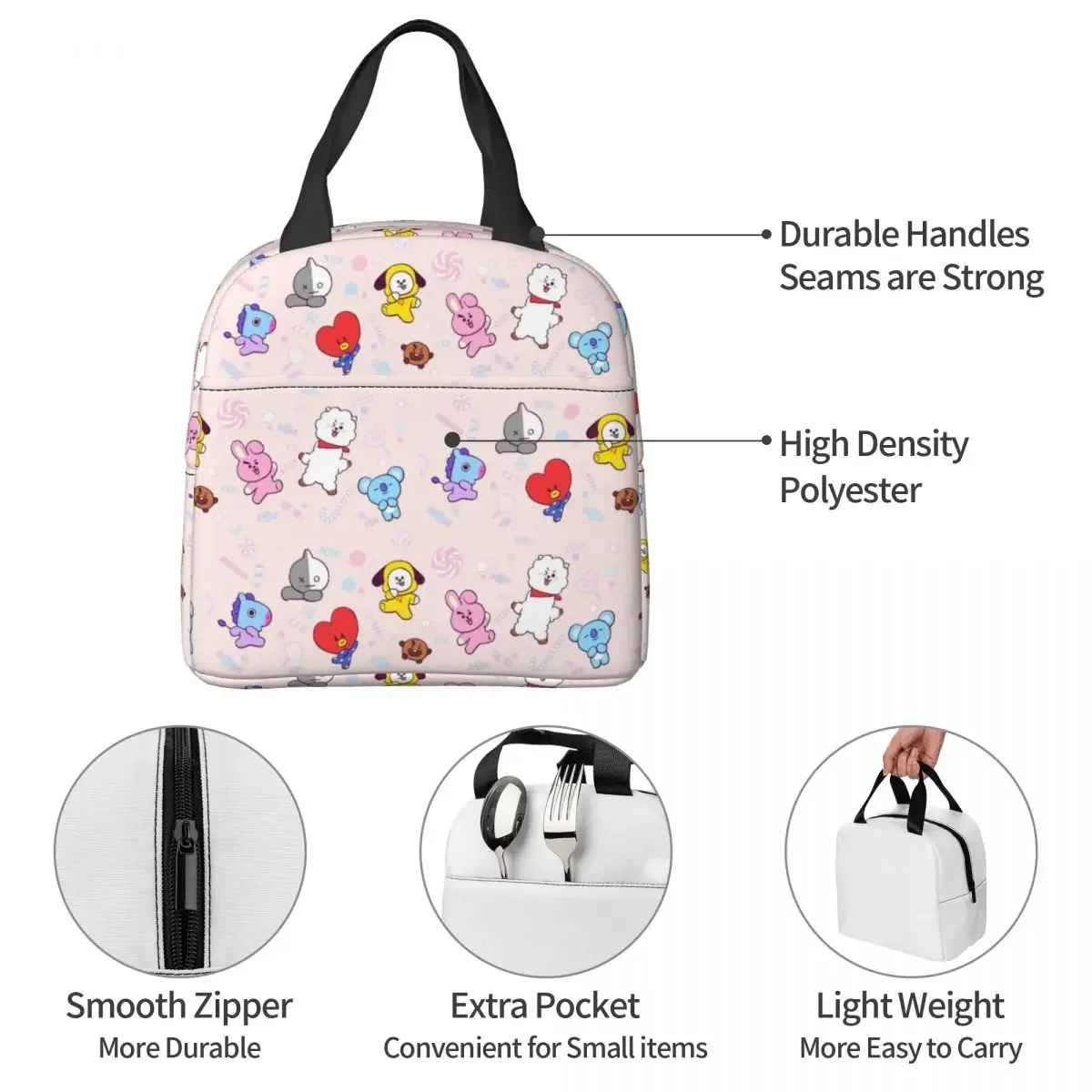 Kpop Insulated Lunch Bag Thermal Bag Reusable Cute Cartoon Large Tote Lunch Box Bento Pouch Work Outdoor