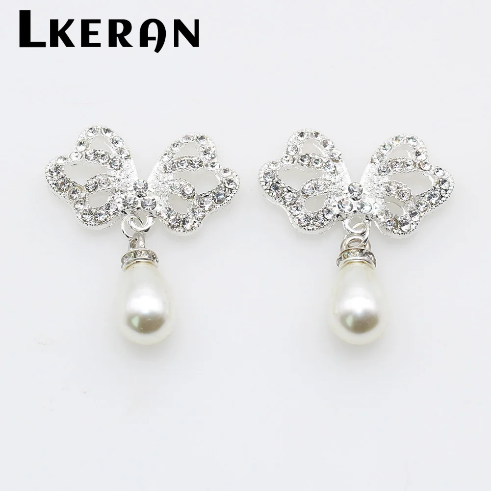 LKERAN-broche plano de plata con diamantes de imitación, botones, Centro de flores para el cabello, adorno decorativo, accesorios para manualidades DIY, 32x35mm, 10 piezas