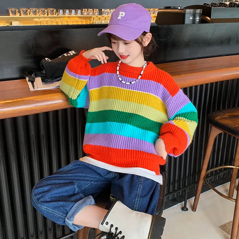 

New Autumn Kids Girl Rainbow Striped Sweater ELegant Children Fashion Colored Knitwear Casual Knitted Clothing 4 5 6 7 9 11 13Y