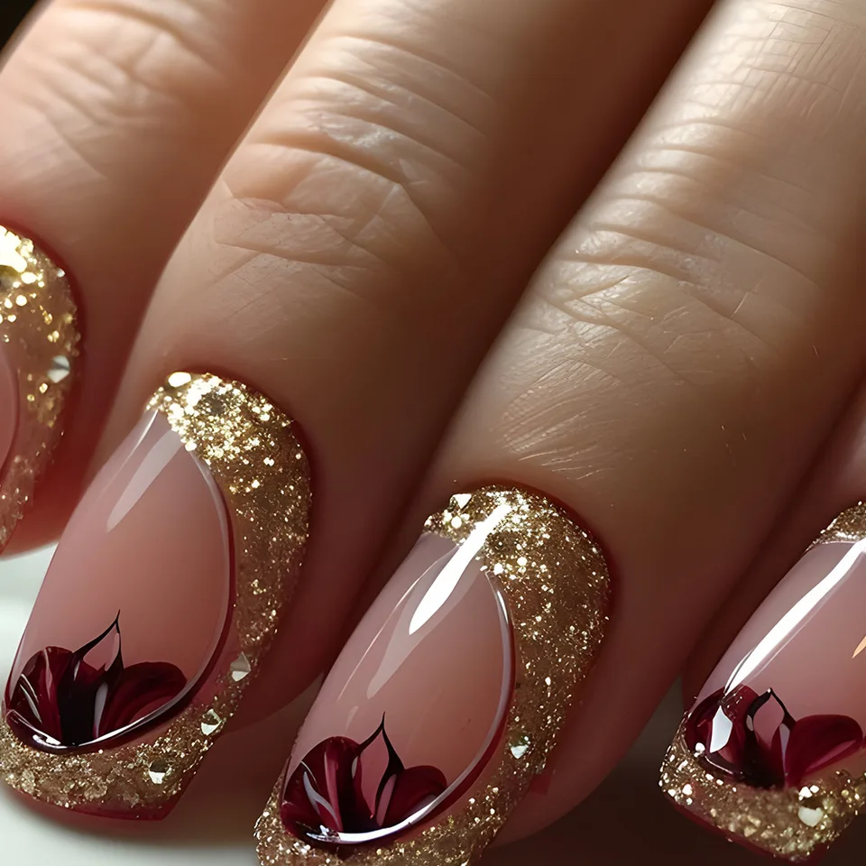 Set de 24 uñas postizas cortas y medianas súper brillantes con purpurina, flores, cielo estrellado, estilo ballet, almendradas cuadradas 5