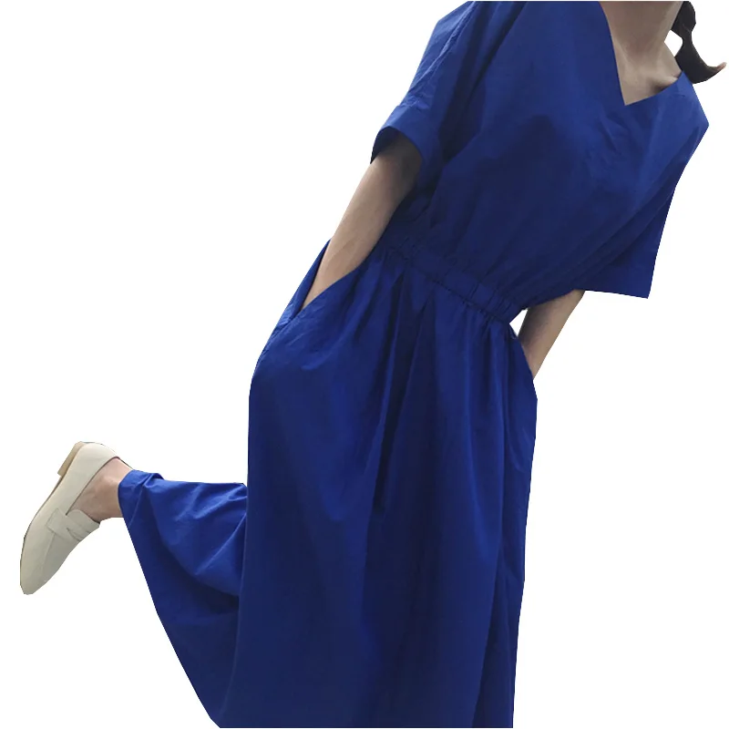 Vestido Longo de Manga Curta Azul Klein para Mulheres Verão Plus Size Ultra Longo Faionável com Cintura Ajustável Estilo Co...