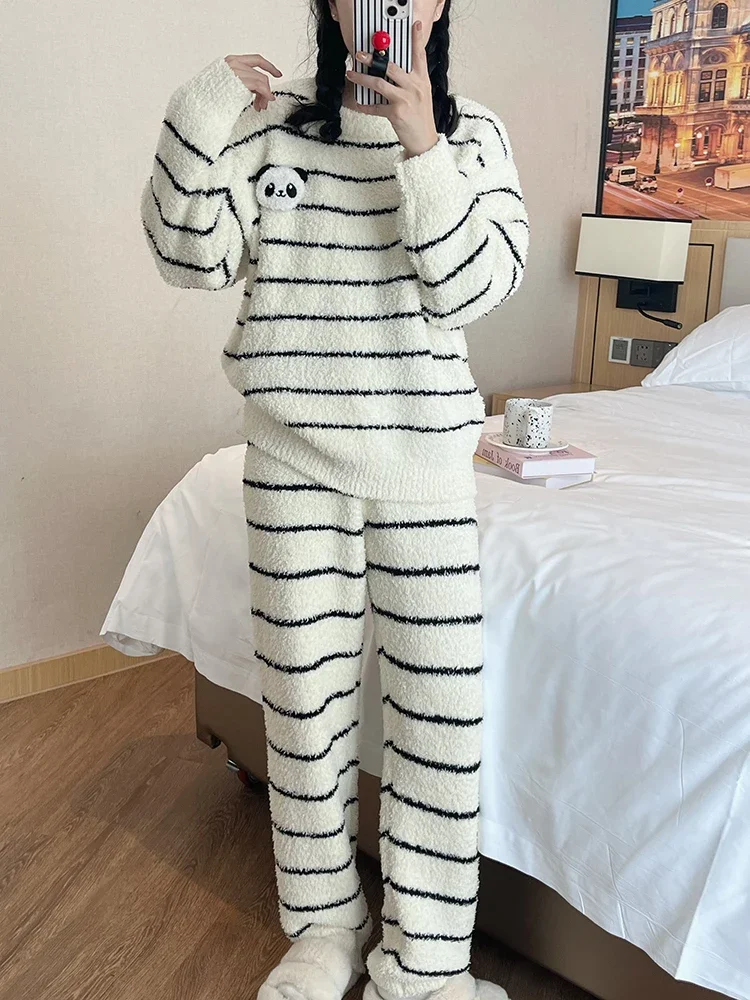 Cartoon Panda Striped Sleepwear for Women Round Neck Long Sleeve Sweet Coral Fleece Pajama Two Piece Sets Cute Homewear