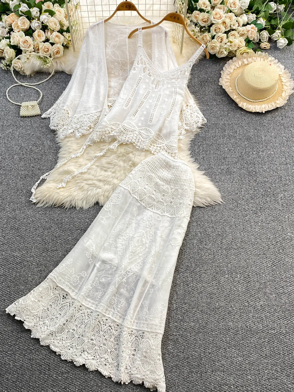 

Elegant Lace Sun Protection Open Cardigan Casual Loose Bell Sleeve Top Hollow out Strap Three Piece Set Long Skirt