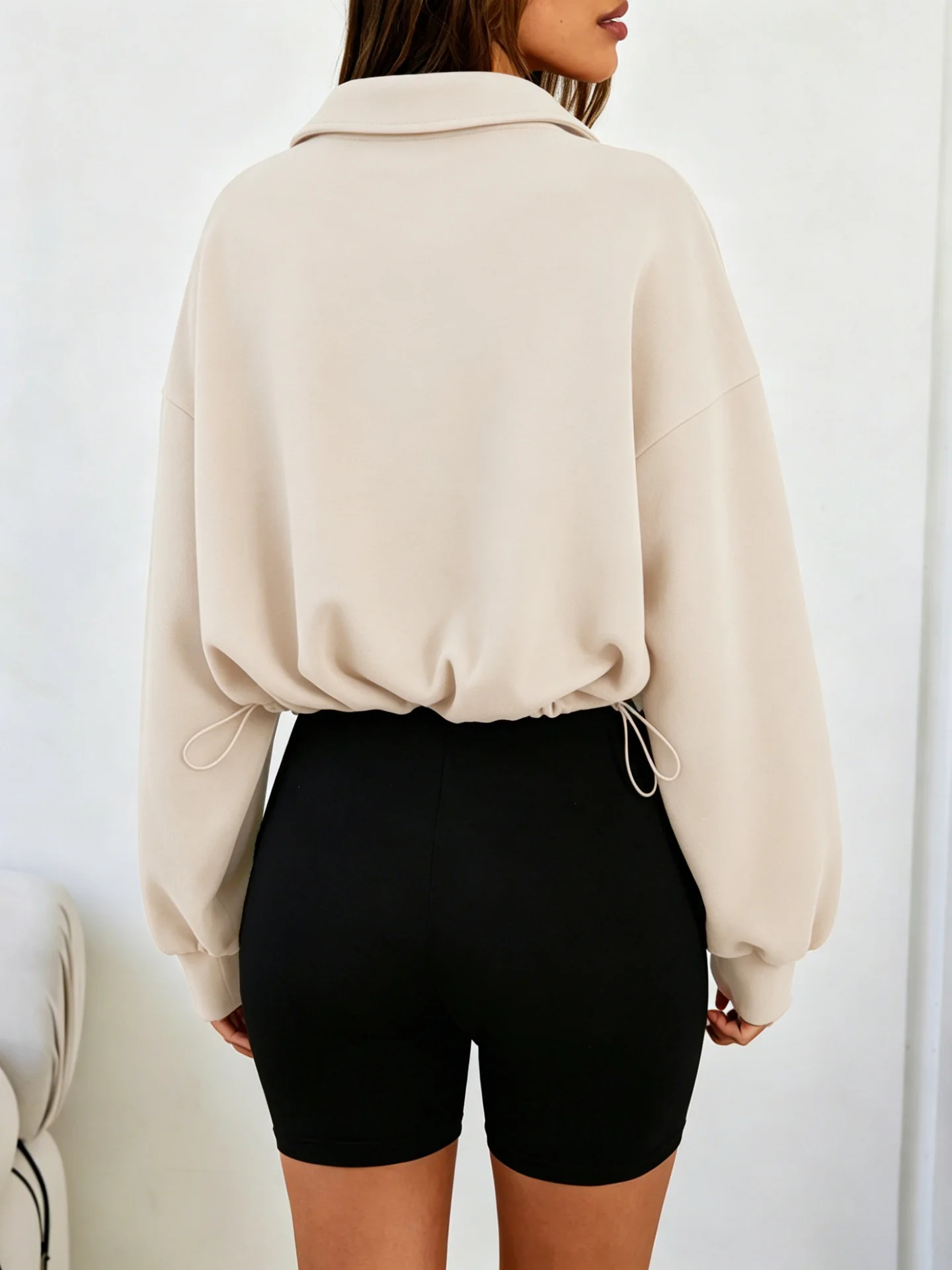 Women Half Zip Sweatshirt Cropped Pullover Oversized Long Sleeve Drawstring Hem Hoodie Y2K Athletic Sportswear
