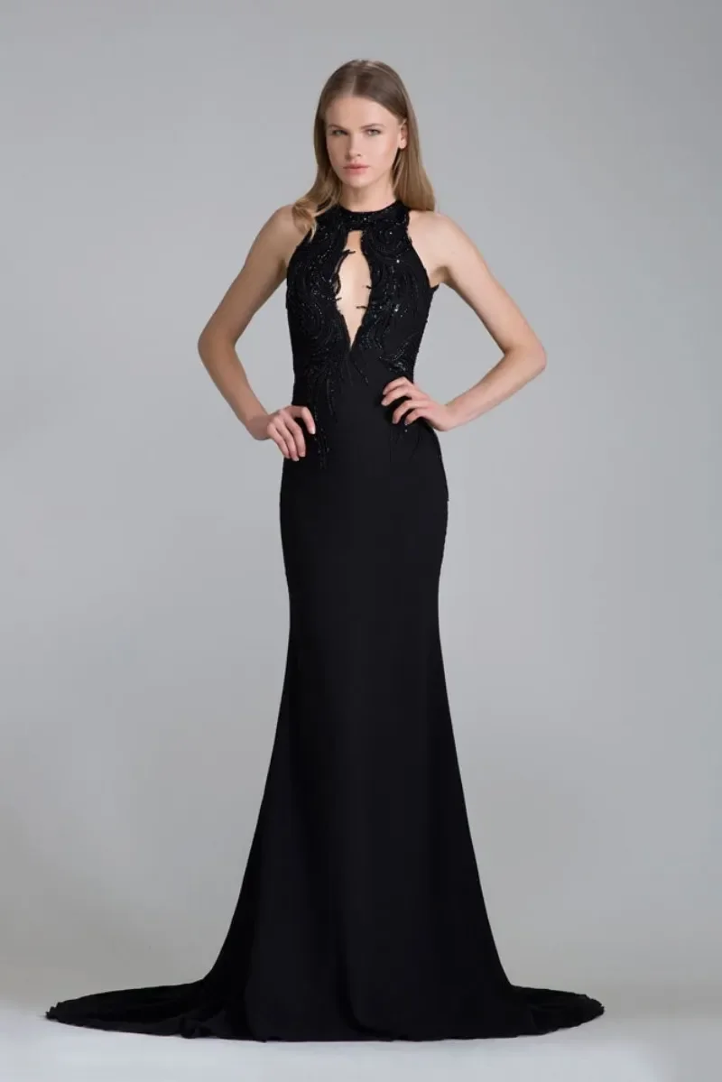 Sexy Hollow Back Mermaid Prom Dresses Halter Neckline Chest Exposed Black Formal Dress Evening Chiffon Beaded Guest Gowns