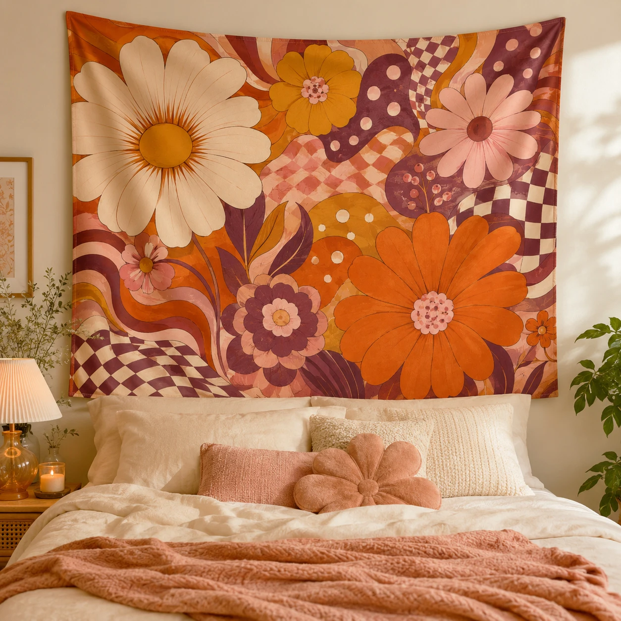 Retro 70s Daisy Flower Tapestry Groovy Checkerboard Swirl Floral Wall Hanging Hippie Boho Vintage Bedroom Wall Decor Tapestry