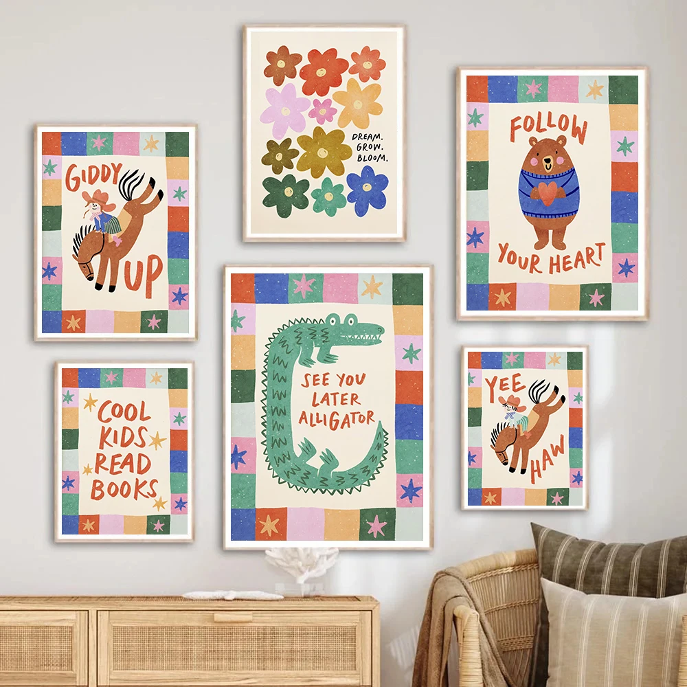 Cool Kids Read Books Print, Follow Your Heart Bear,Giddy Up Cowgirl,Colorful Animal Playroom Poster, Nursery Wall Decor Painting