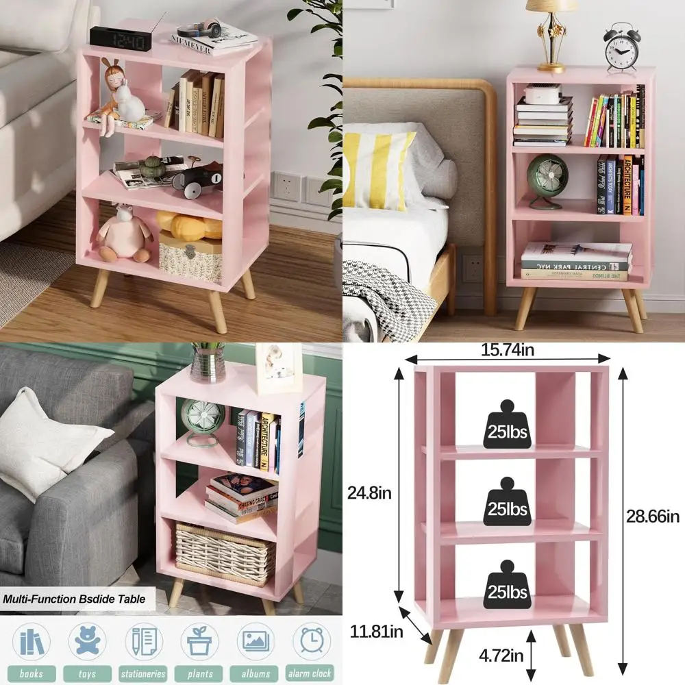 

Contemporary 3-Tier Pink Bedside Table for Compact Spaces: Storage-Friendly End Table for Living Room, Bedroom