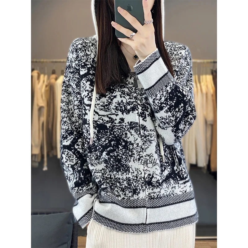 2024 Autumn/Winter New Women's 100% Pure Cashmere Thickened Hooded Zipper Knitted Cardigan Sweater Coat