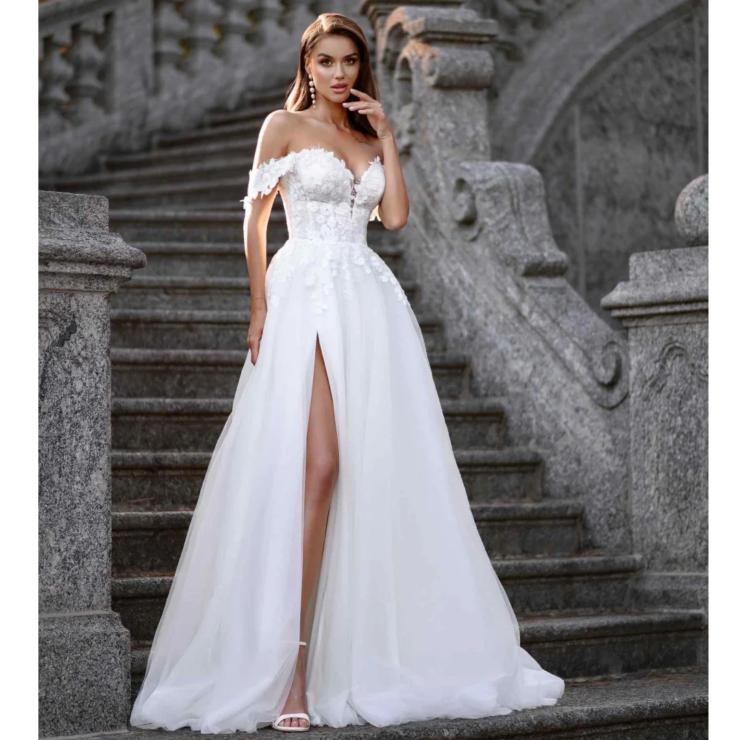 

Elegant Tulle Sweetheart Wedding Dresses Classic Off the Shoulder Applique High Slit Backless Party Prom Dress Women Bridal Gown