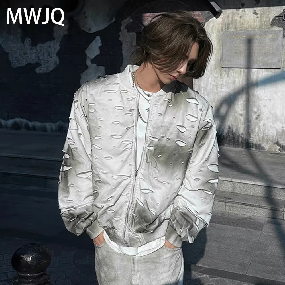 

MWJQ Male Retro Hole Design Distress Jacket High Street Spring Ins New Stand Collar Hollow Out Fashion Y2K Men Tops 010331