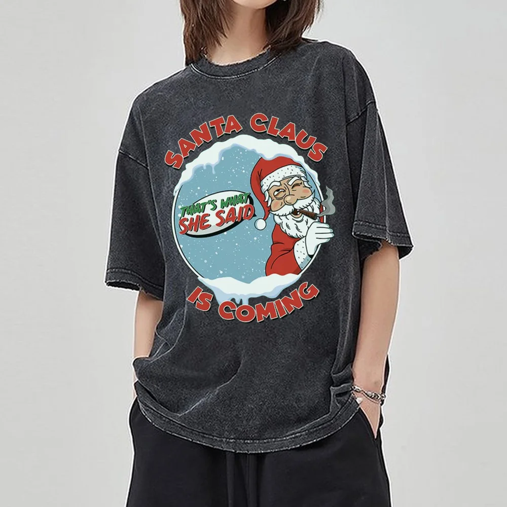 

Merry Christmas Print T-shirt Casual Women Xmas Party Tops Washed T shirts for Women Vintage Solid Denim Shirts Oversized Tees