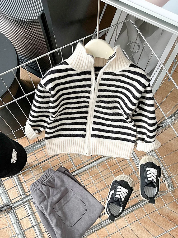 Toddler Children\'s Sweater Autumn Winter Fashion Baby Striped Knit Cardigan Coat High Collar Zipper Infant Warm Cotton Clothes
