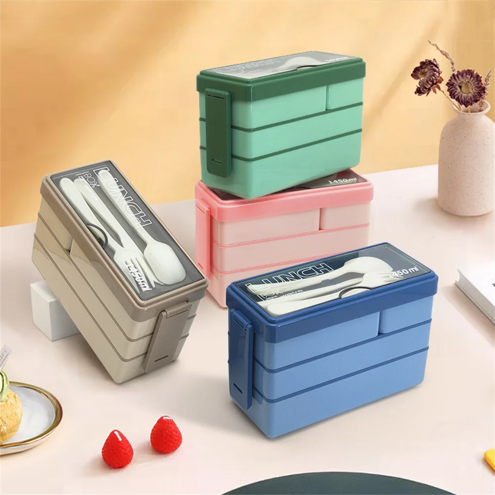 1450ML Portable Plastic Lunch Box With Tableware 3 layer Divided Bento Box Food Container For Office Students leak-proof Sealing