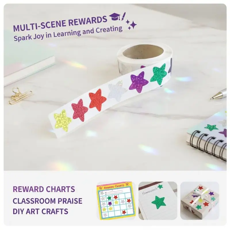 500Pcs Holographic Star Shiny Heart Stickers No Residue Vinyl Decals for Scrapbooking Journal Laptop Skateboard Guitar Decor
