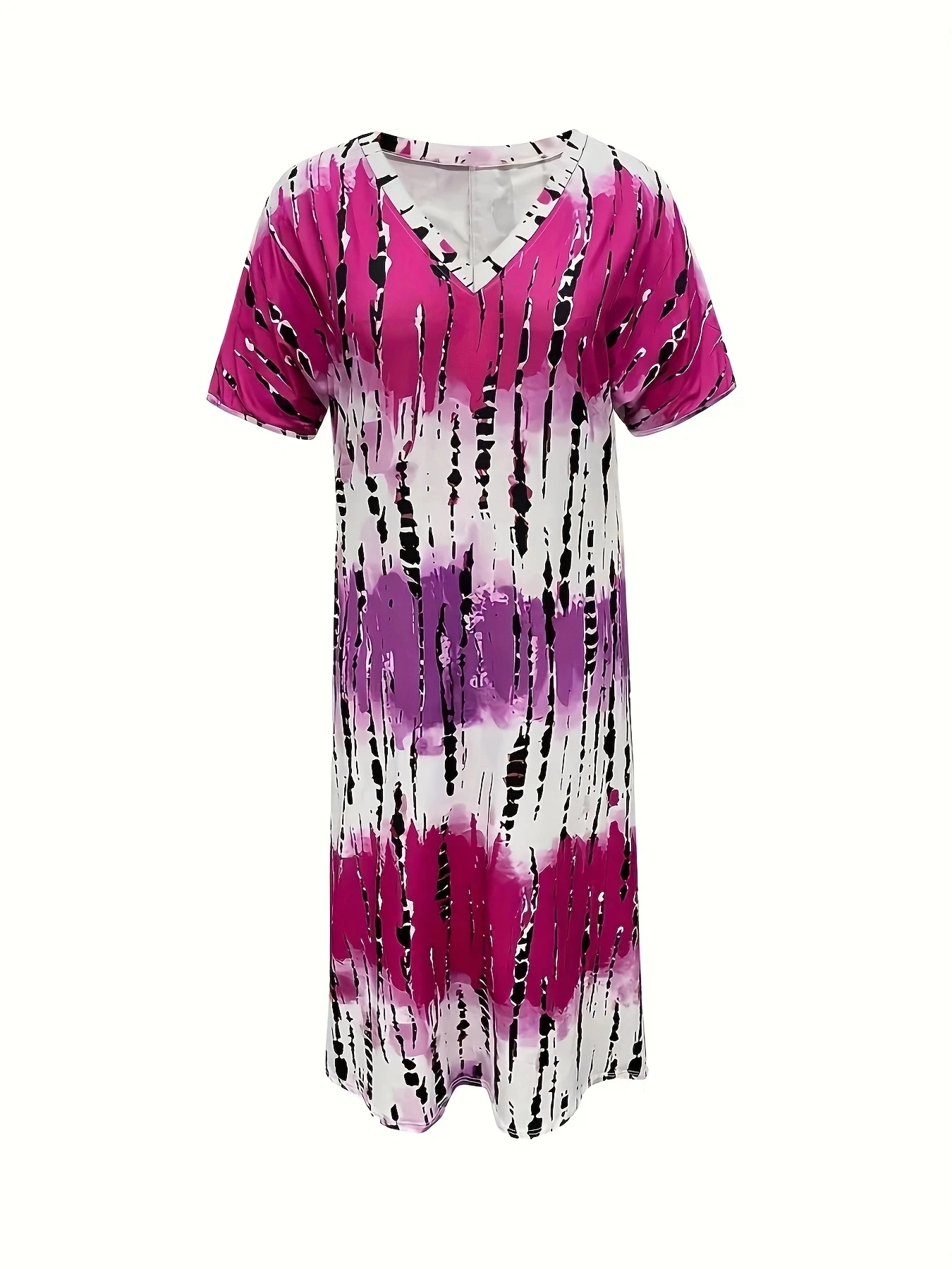 Plus Size Ombre Print Split Tee Dress, Casual Longline Short Sleeve V Neck Dress For Spring & Summer, Women\'s Plus Size Clothing