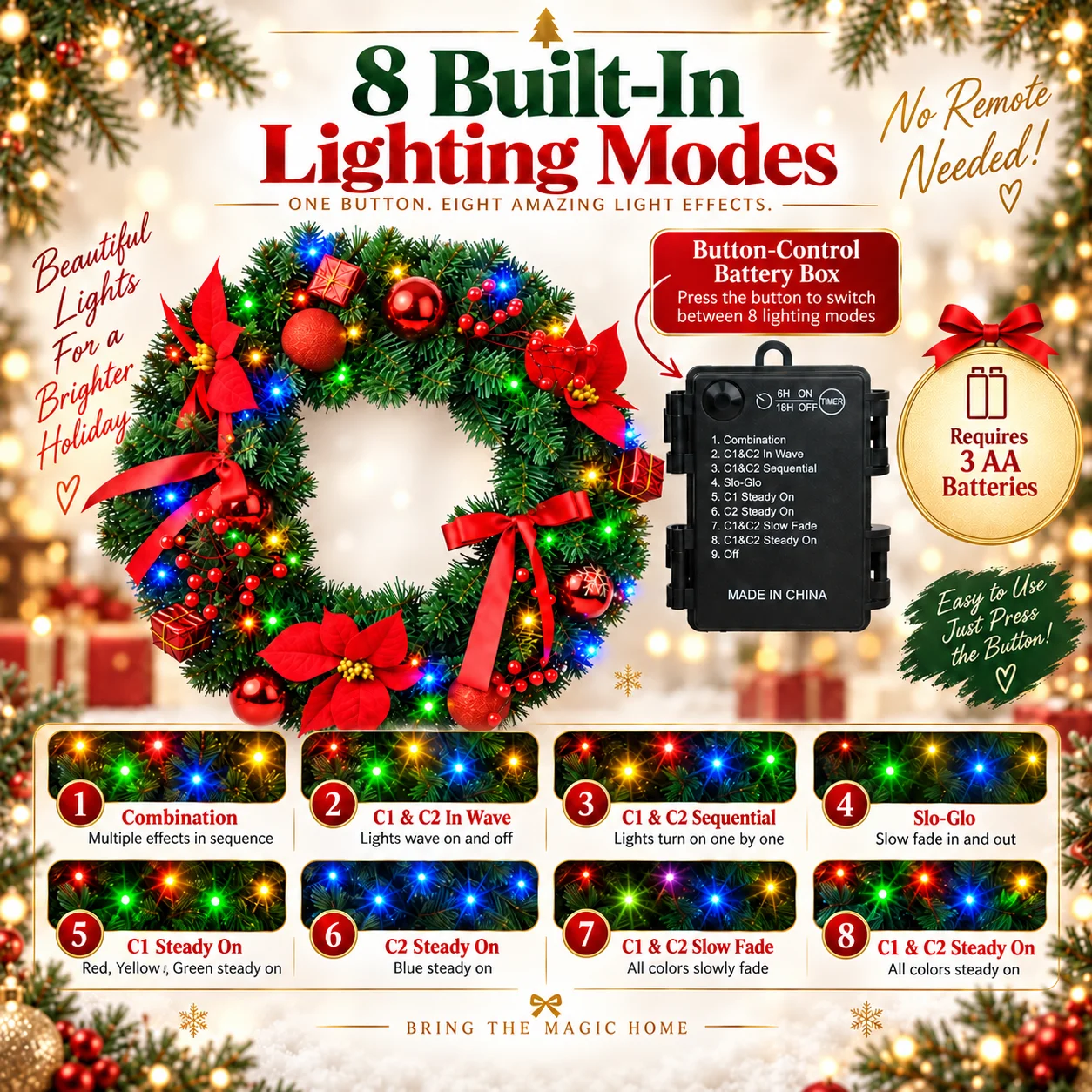 24''Pre-lit Christmas Wreath With 50 LED Warm White & Multicolor Lights, Battery Box Powered, Artificial Flowers, Poinsettia, Ball Ornaments, Berries & Gift Box, Front Door Indoor Outdoor Xmas Holiday Decor