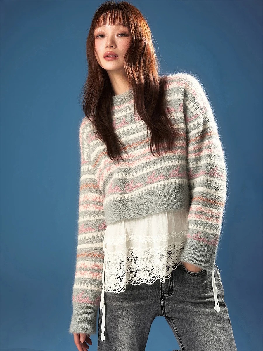 

Color Block Knitted Sweater round Neck Long Sleeve Women's Casual Winter New Arrival Tassel Trimmed Fluffy Polyester Blend