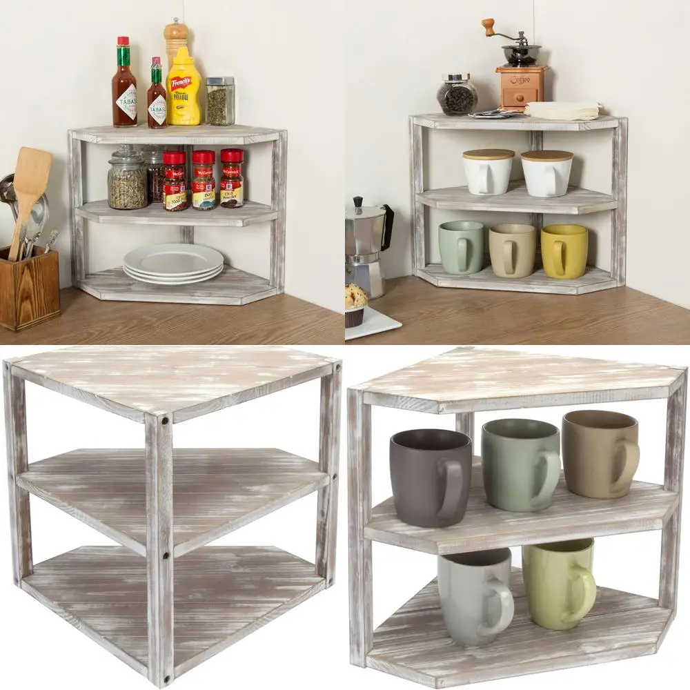 

Solid Wood 3-Tier Corner Shelf for Kitchen Storage: Rustic Brown Spice & Condiment Rack