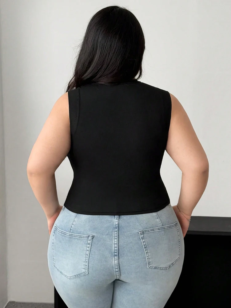 Camiseta de talla grande para mujer, novedad de verano 2025, sin mangas, cuello redondo, malla transparente, Sexy, empalme de malla, blusa negra, poliéster