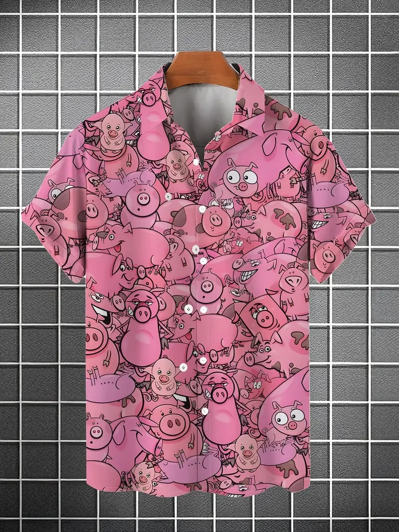 Kemeja Pria Musim Panas Baru 3D Dicetak Kartun Babi Pola Kemeja Hawaii Kasual Dicetak Bunga Lengan Pendek Hawaii Unisex Atasan