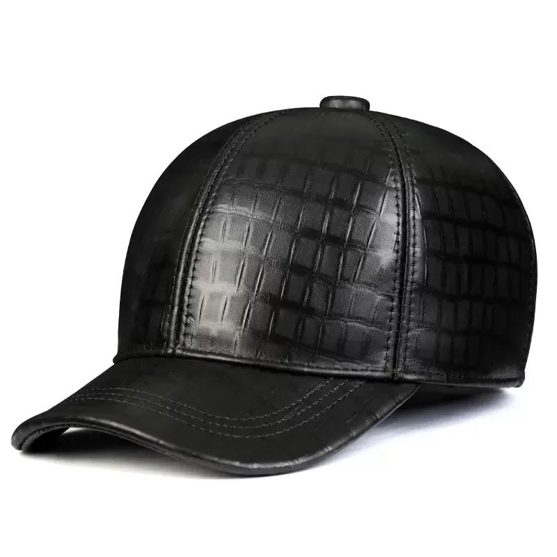 

New Fashion Leather Hat Men Unisex Checkered Crocodile Patten Baseball Cap Winter Male Warm Earmuff Leisure Outdoor Hockey Gorra