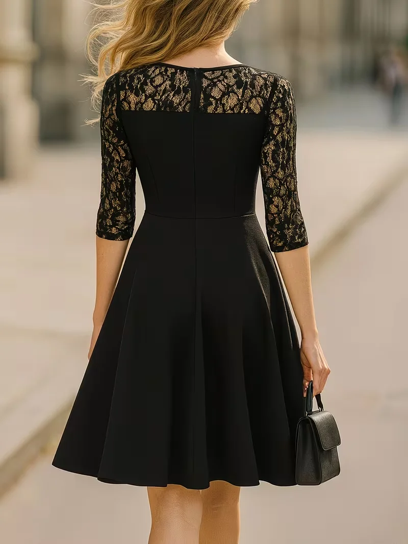 Damen Sexy Rundhals-Kleid mit 2/3-Ärmeln, Elegantes Sommer-Bürokleid, A-Linie, Schwarz, Stilvoll mit Weitem Rock – Detail 5