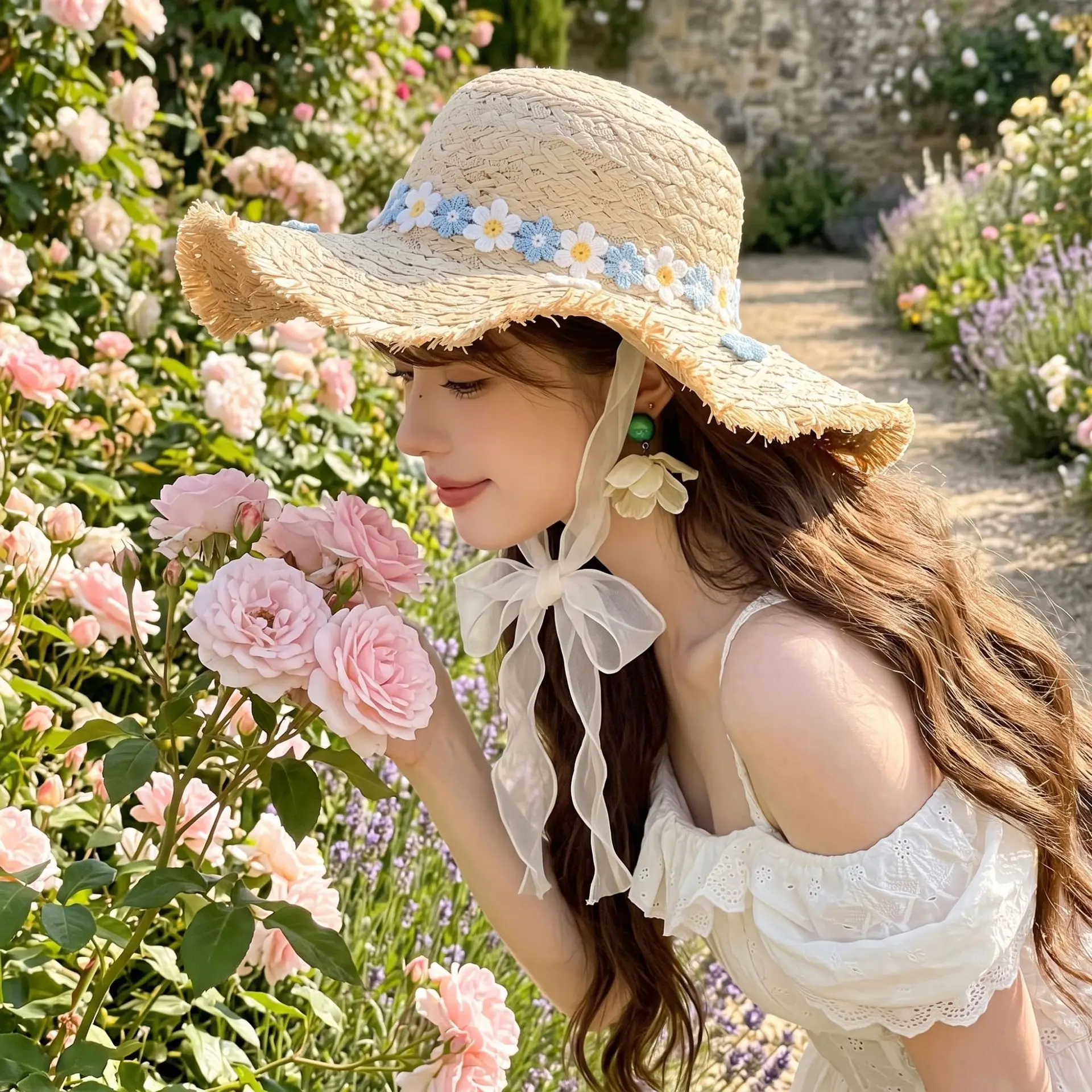 Womens Wide Brim Straw Sun Hat Delicate Floral Decor Uv Protection Breathable Summer Beach Fringed Edge Sunscreen Cap Solid Colo